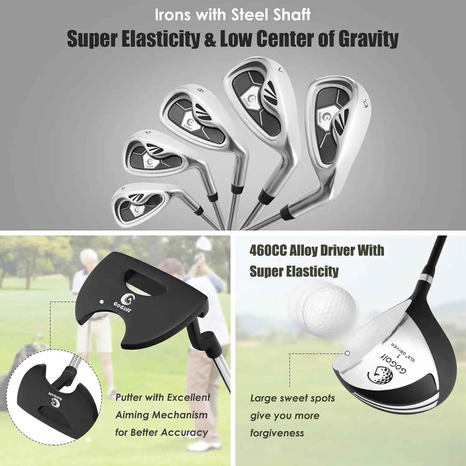 9/10 Pieces Men's Complete Golf Clubs Set Right Hand Includes 460cc Alloy #1 Driver & #3 Fairway Wood & #4 Hybrid Golf Club Set