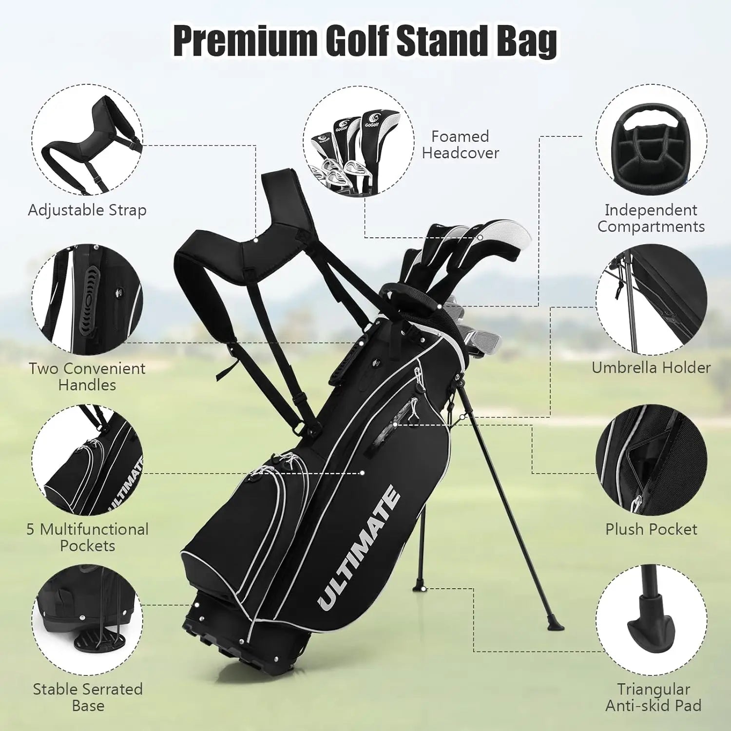 9/10 Pieces Men's Complete Golf Clubs Set Right Hand Includes 460cc Alloy #1 Driver & #3 Fairway Wood & #4 Hybrid Golf Club Set